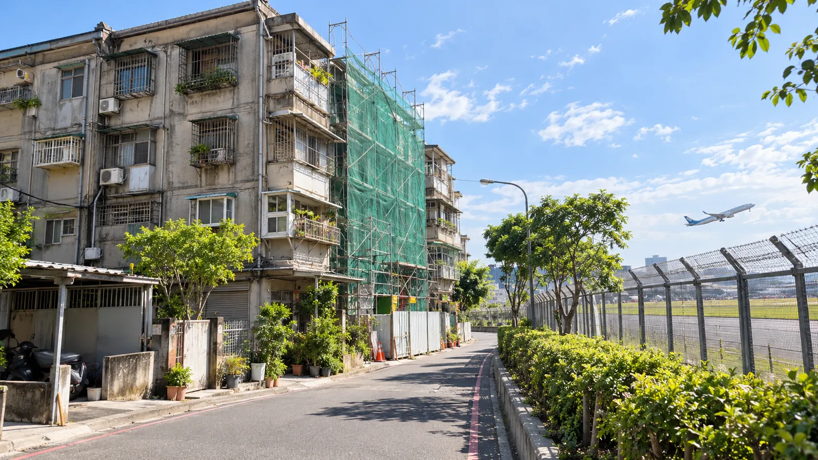 跑道旁緊鄰的老舊公寓,正期待隨機場遷建啟動都更。