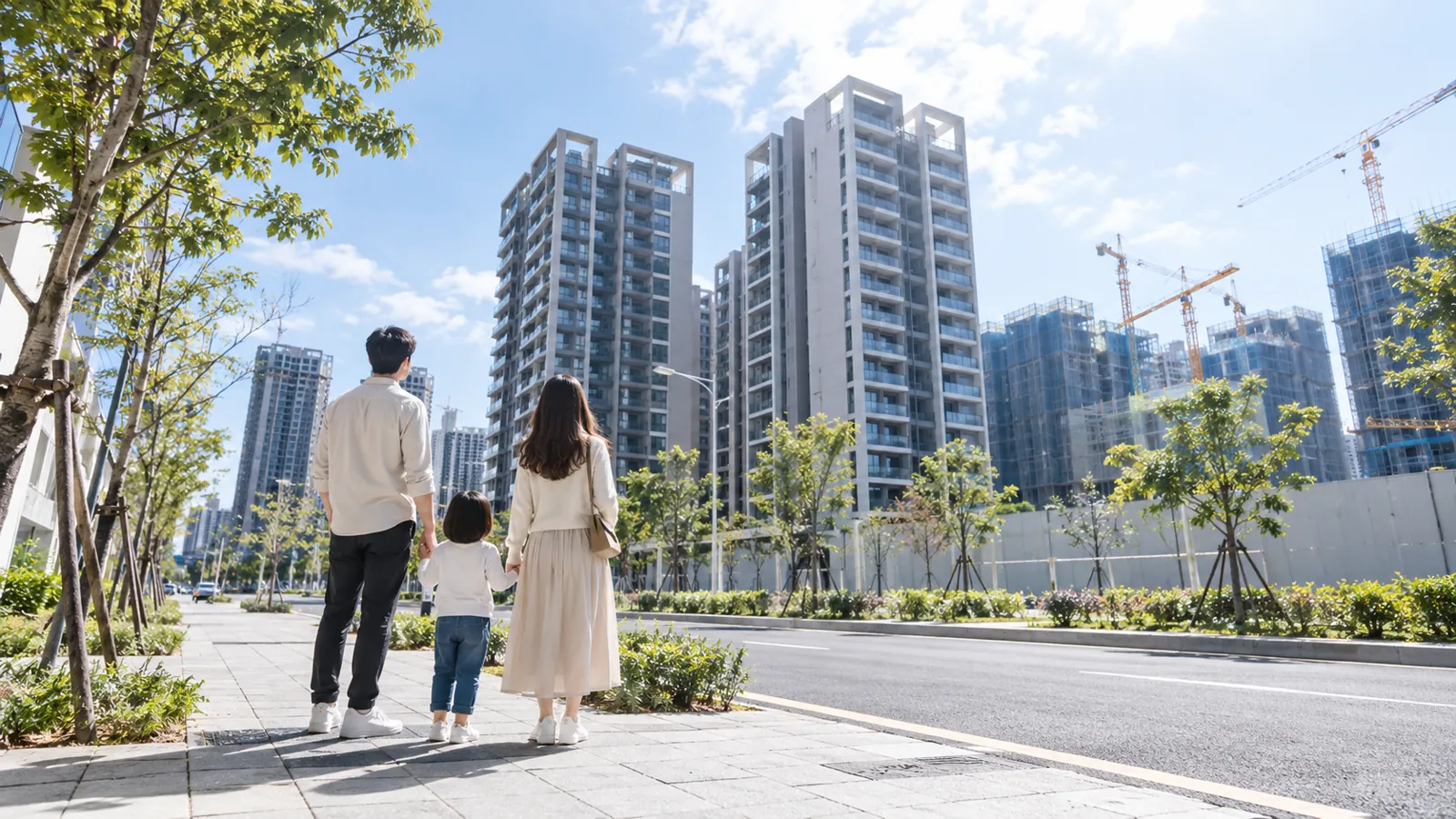 一家三口漫步在重劃區步道,望著新興大樓尋覓宜居天地。