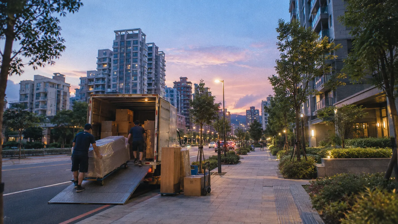 滿載家具的貨車停靠社區前,換屋族能更從容迎接新家。