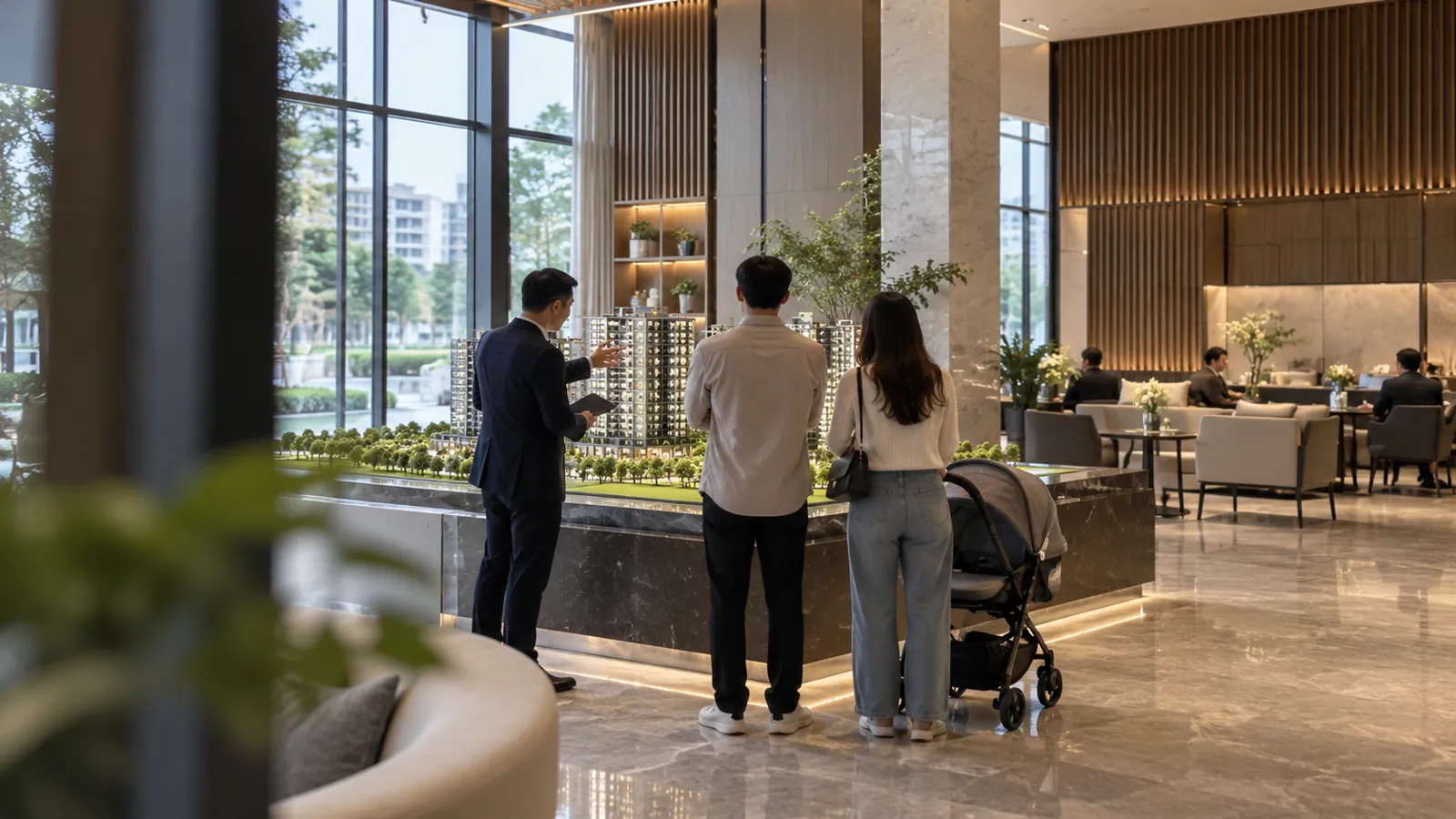 銷售人員在接待中心模型旁,為前來賞屋的家庭細心解說。