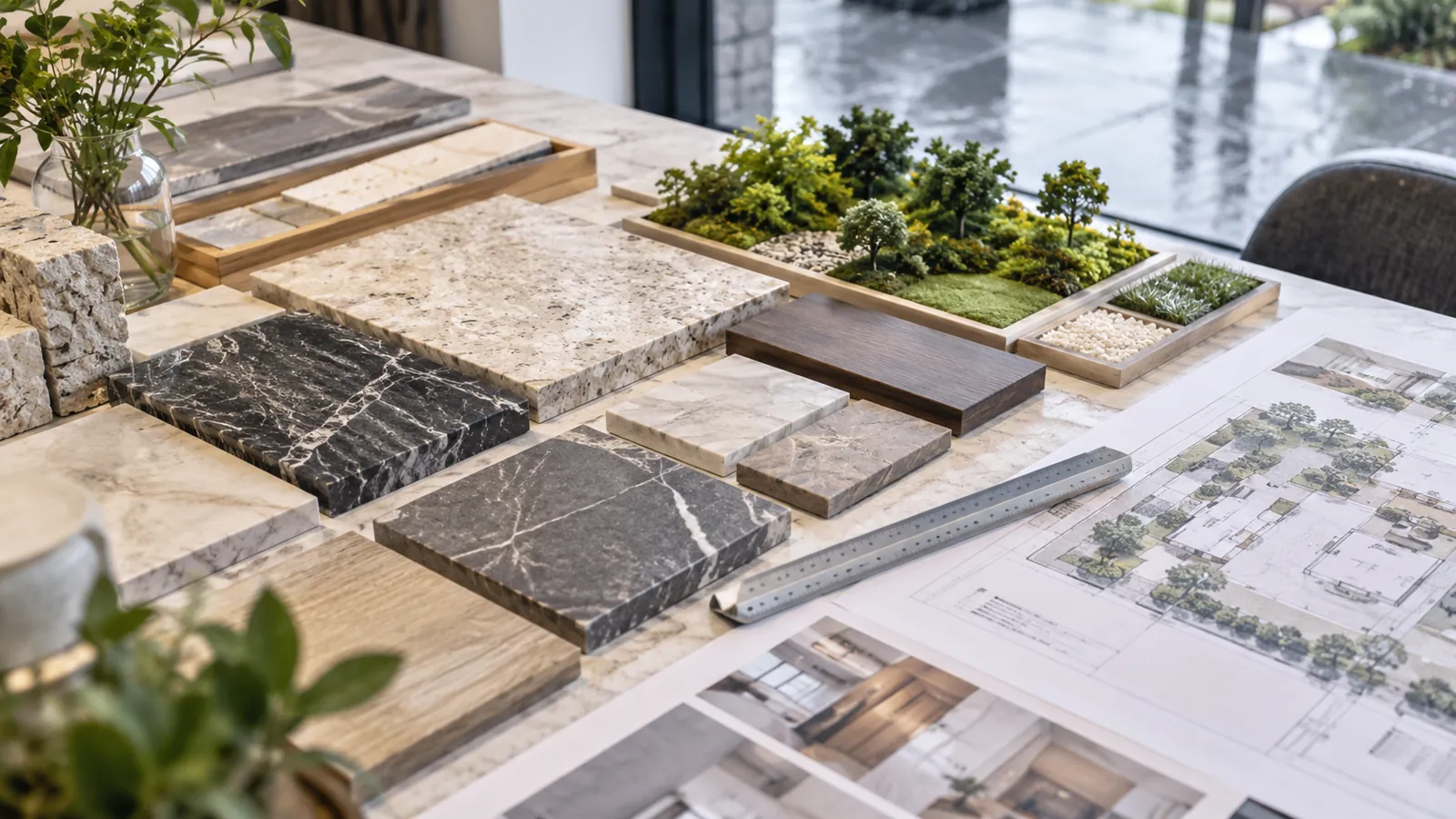 精緻的石材樣板與景觀模型，展現建案對綠意美學的用心。