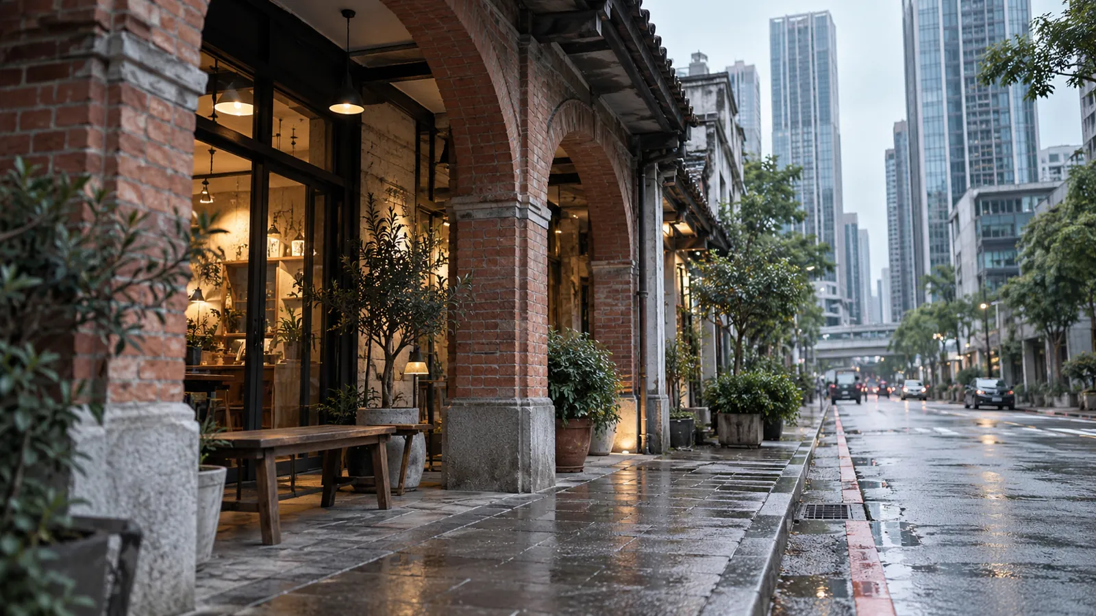 紅磚拱廊下的溫暖店面,與遠方摩天大樓相互輝映。