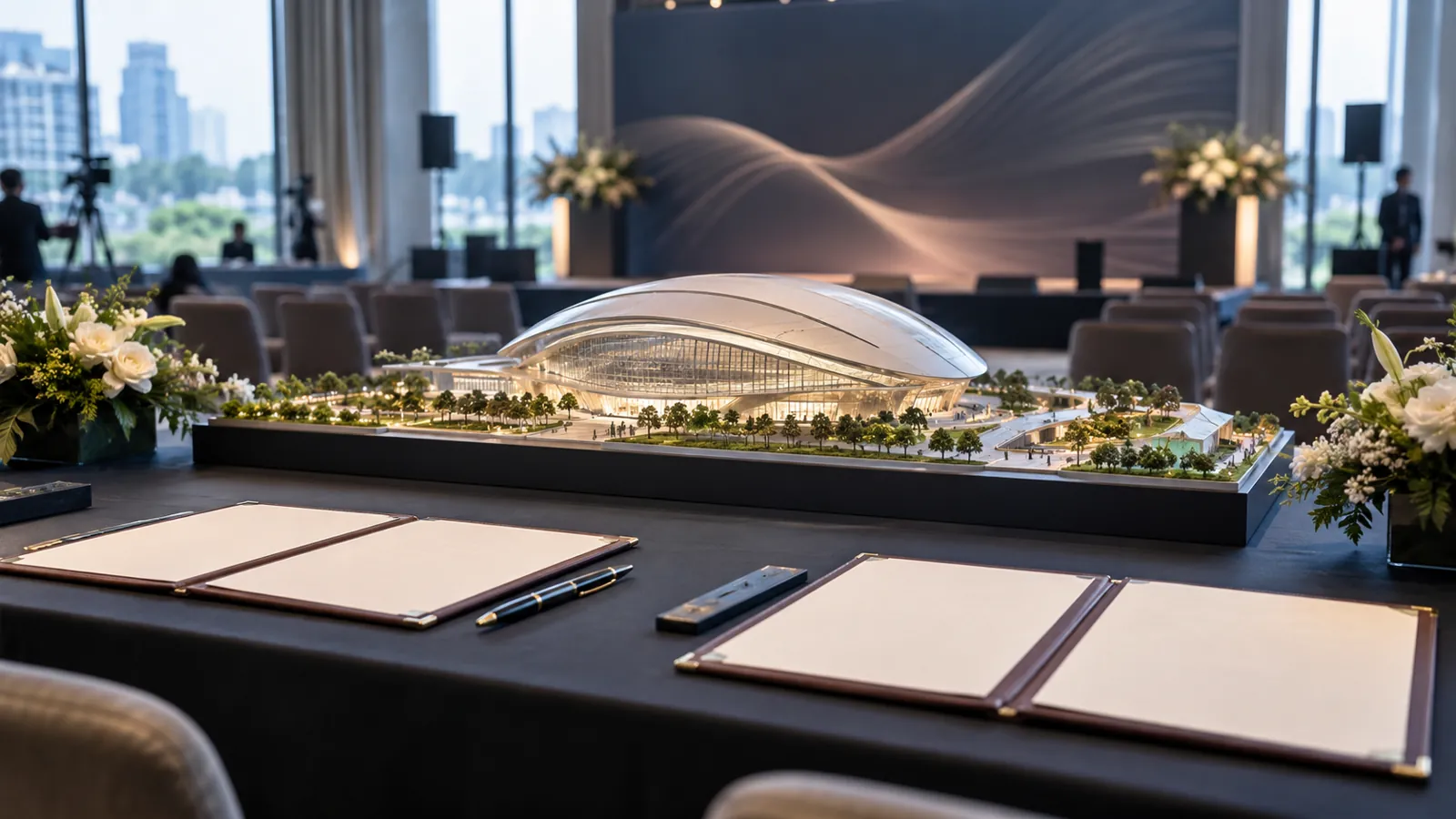 簽約桌擺放著巨蛋模型與合約,見證重大建設正式啟動。