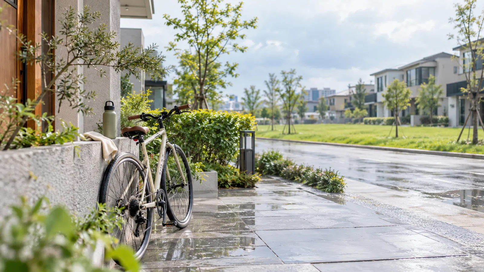 開闊綠地與低密度住宅相伴，單車停駐盡顯慢活餘裕。