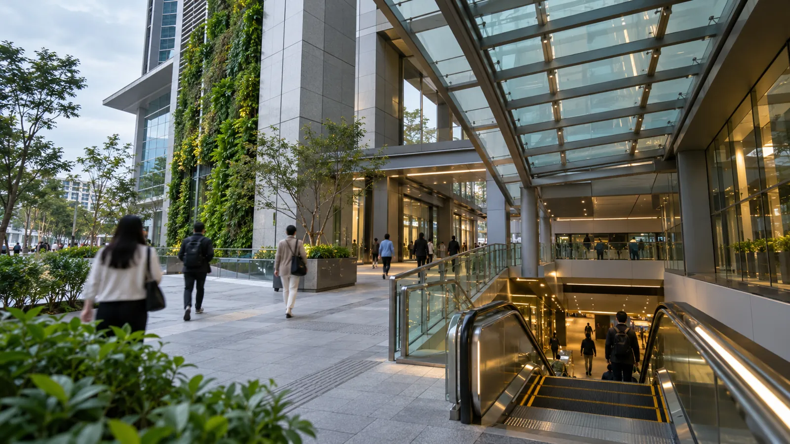 電扶梯直通綠建築穿堂,展現出站即抵的高效共構生活。
