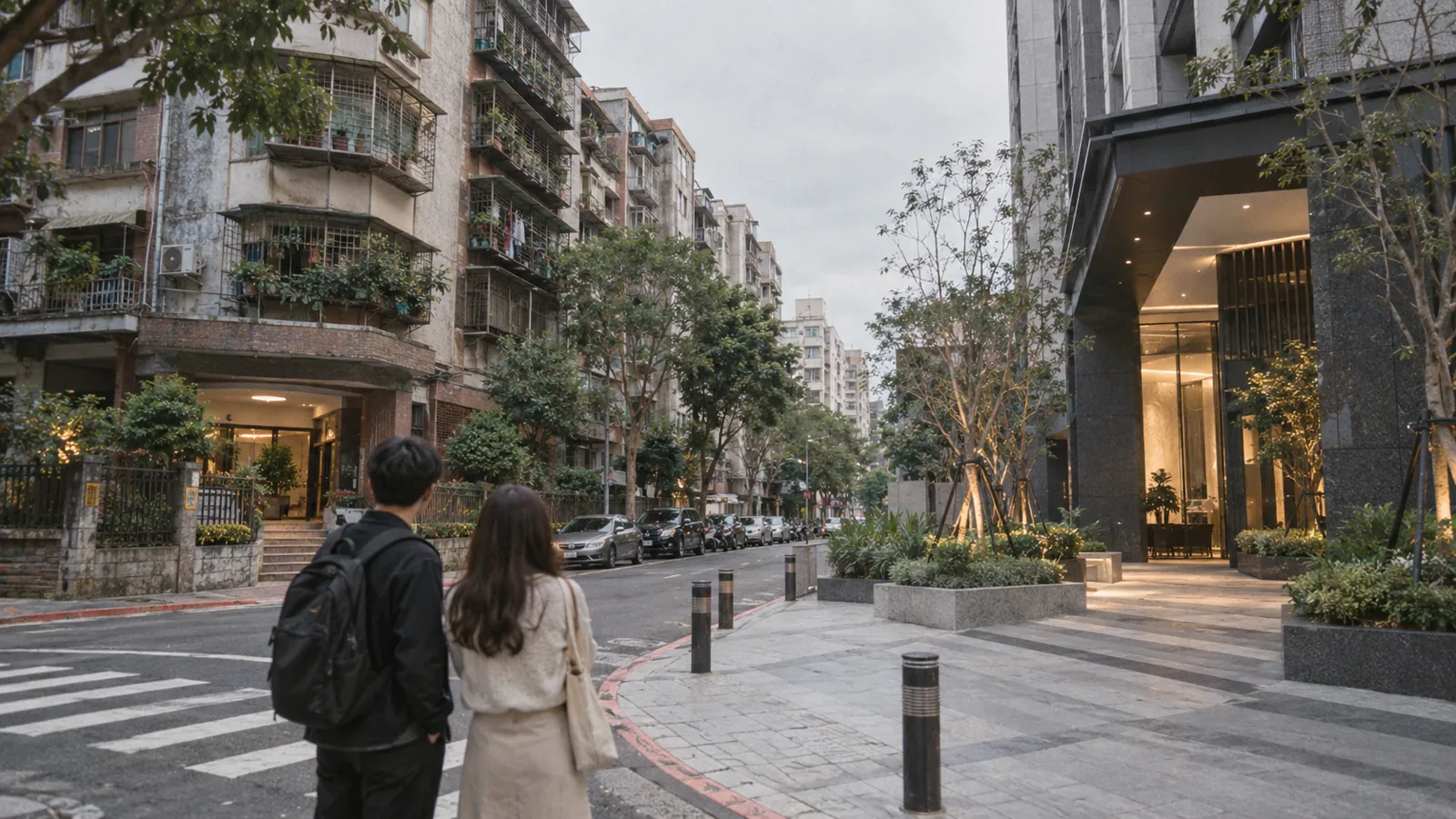 年輕男女駐足街角,在嶄新大樓與傳統公寓間衡量購屋預算。