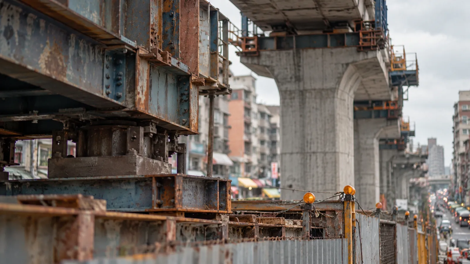 興建中的高架橋墩貫穿街區,為在地注入捷運建設新動能。