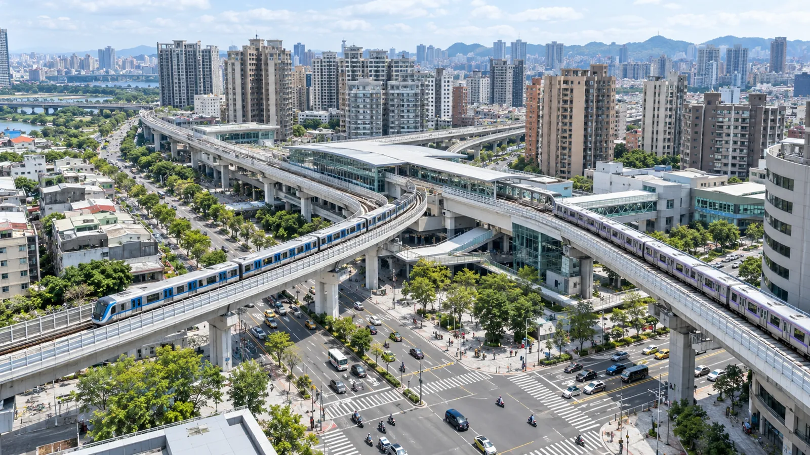 雙捷運列車在高架交會,串聯周邊成熟住宅與便利生活