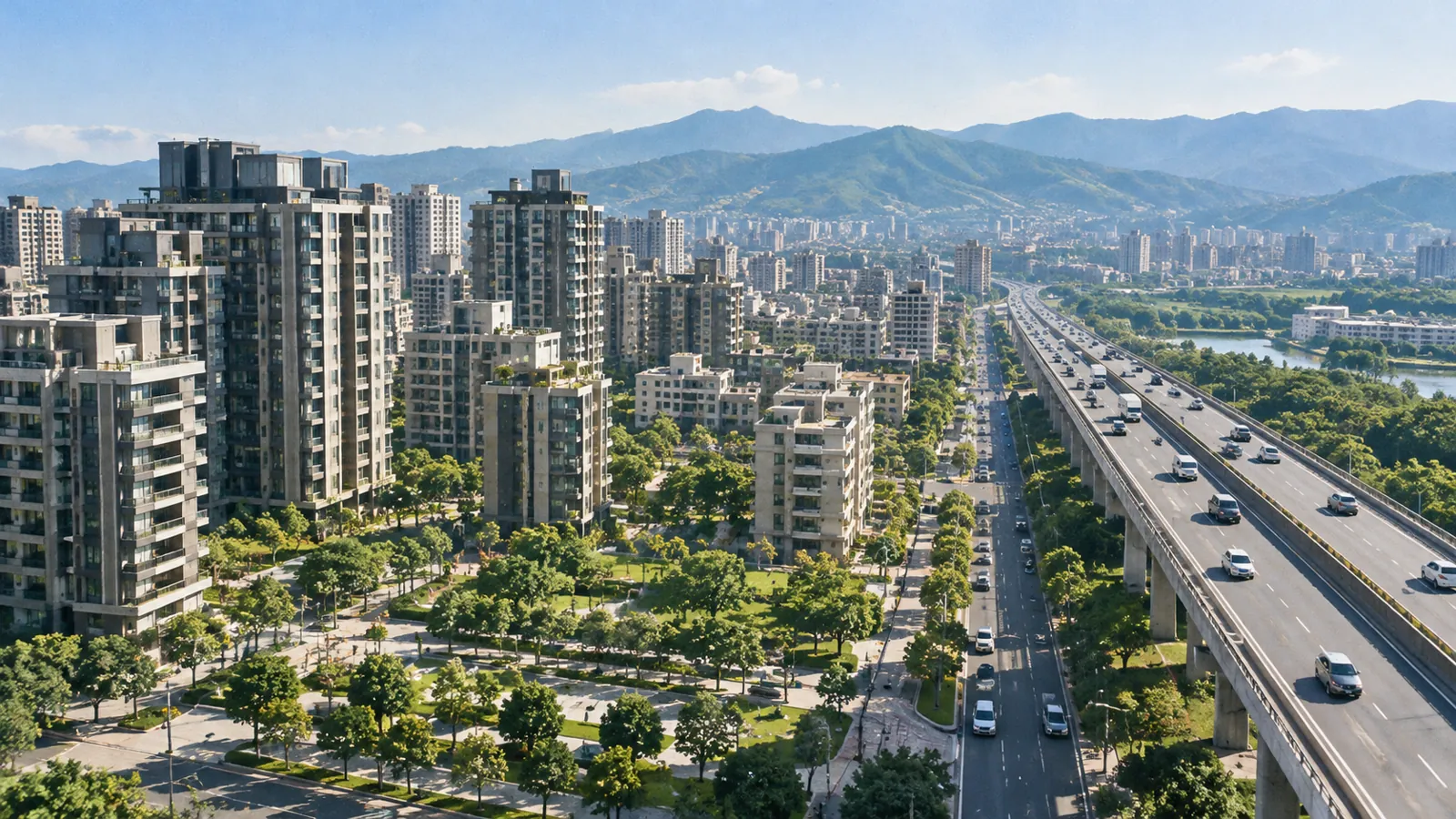 緊鄰快速道路的新興住宅聚落,吸引通勤族移居安家。