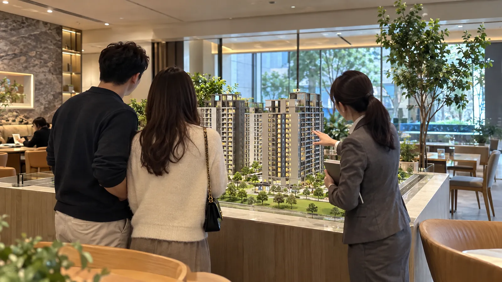 銷售人員向民眾介紹建築模型,自住買盤展現穩定需求。