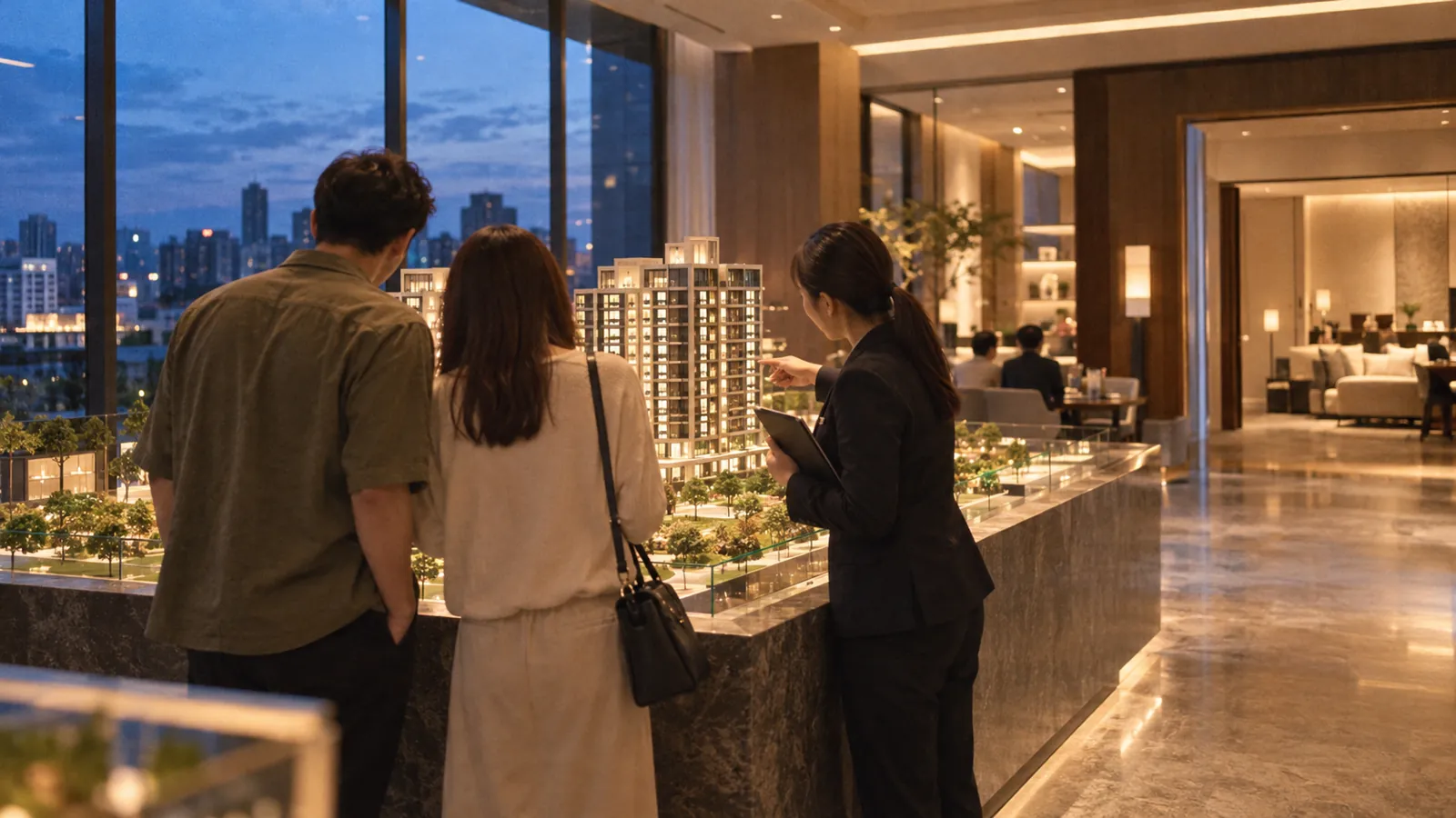 民眾在接待中心細看建築模型,從容挑選自住好宅。